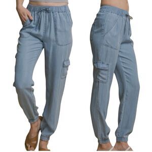URBAN DAIZY High Rise Blue Tencel Jogger Pants with Cargo Pockets